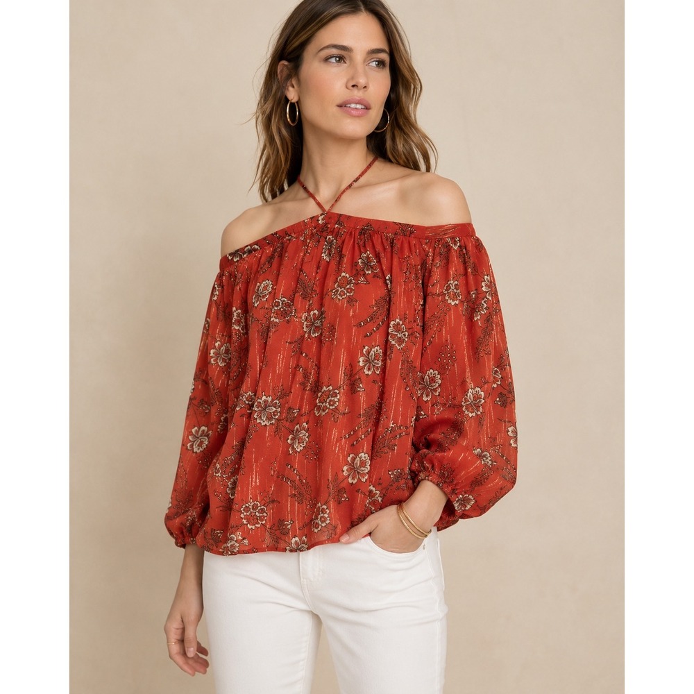 Ann‎ Taylor Rust Floral Metallic Halter Cold Shoulder Blouse Red Gold Size Small